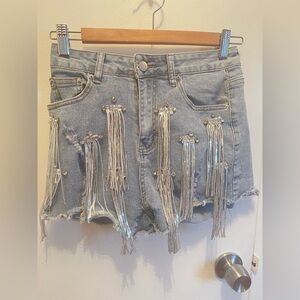 Women’s Jean Shorts With Rhinestone & Sequin Tassels Stretchy Size M runs small
